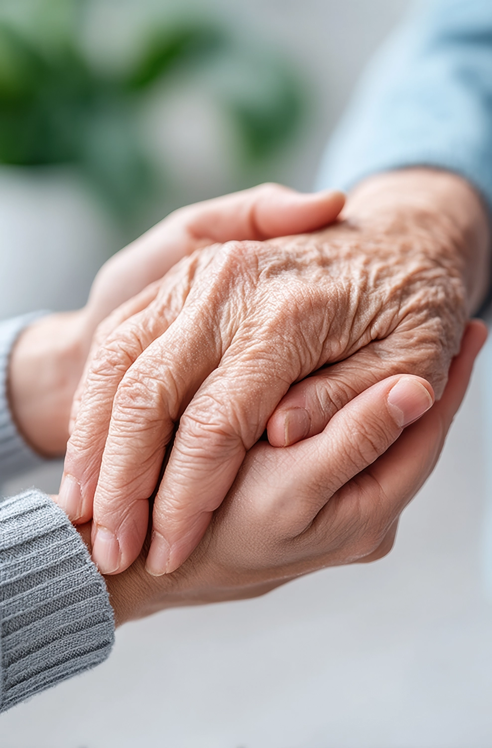 Curanus GmbH – Pflege – Zärtlicher Moment zu Hause: Jüngere Person hält sanft die Hände eines älteren Menschen und symbolisiert so Mitgefühl und Unterstützung im Alltag